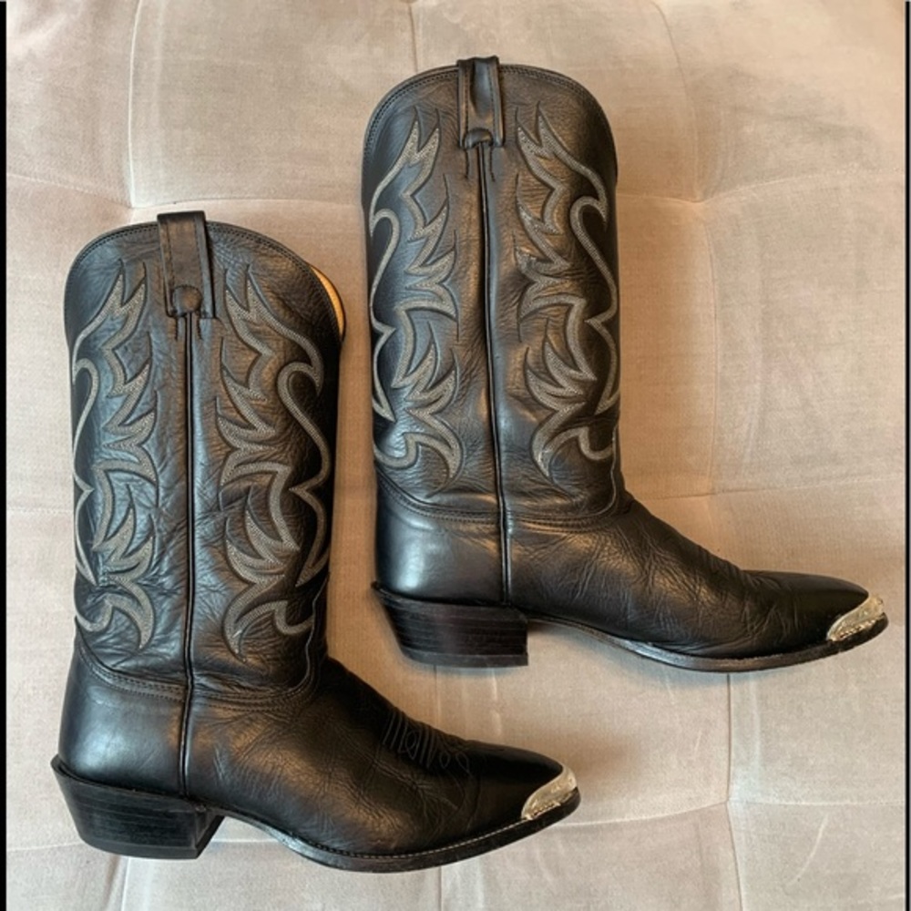 Nocona Boots Cowboy Stitch Embroidered Black Leather Pointed Toe Men’s Size 11